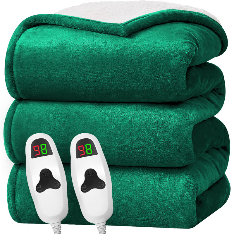 Soft Sherpa & Flannel Electric Heated Blanket with Auto Shut-Off and Overheat Protection, Full, Green