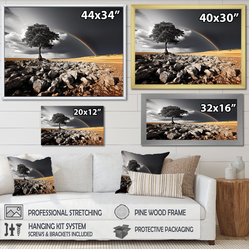 «Rainbow Colorful Contrast Grey Tree Landscape I», reproduction sur toile, H 16 po x l 32 po x P 1 po, Cadre flottant blanc