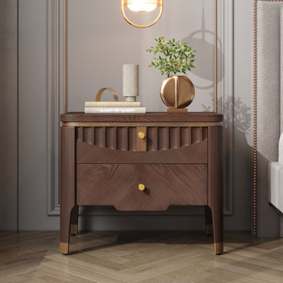 Table de chevet en bois Westin avec 2 tiroirs de rangement et poignées en métal