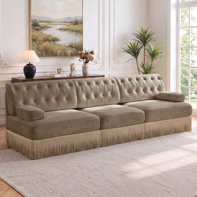 106" Velvet Upholstered Chesterfield Sofa with Tassel Fringe Skirt