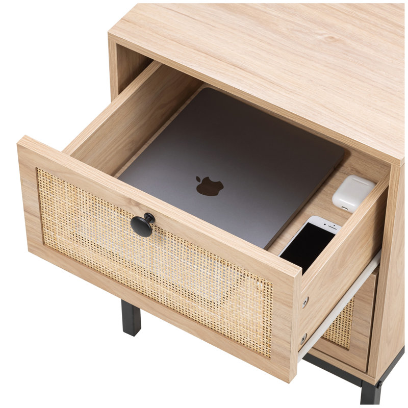 Ensemble de 2 tables de chevet rectangulaires en rotin avec tiroir 2