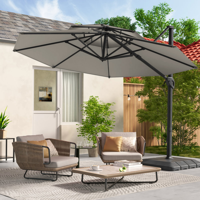 Parasol de patio en porte-à-faux à double plateau en aluminium 11 pi avec base, Sable