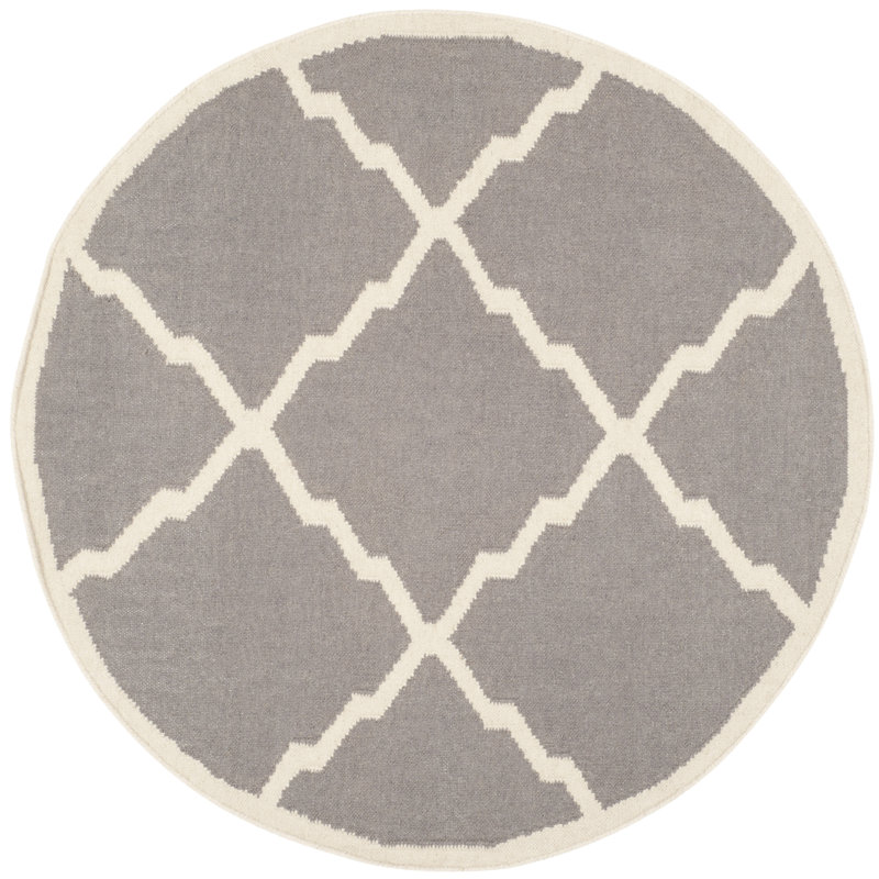 Brambach Hand Woven Flat Weave Wool/Cotton Geometric Rug in Gray, Round 4'