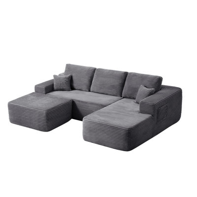 Modern Grey Sectional Sofa, Plush Fabric, Spacious U-shape For Living Room