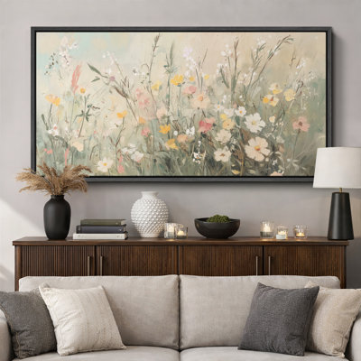Muted Green Wildflowers Floral Artwork, Living Room Wall Pictures, Giclee Canvas Digital Print Extra Large Framed Wall Art