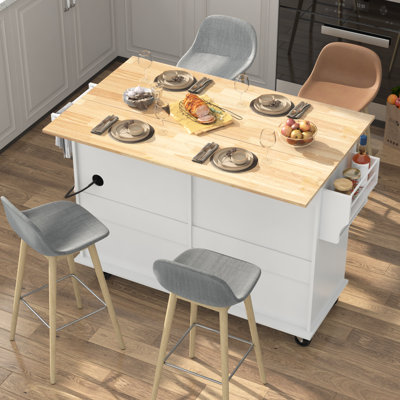 55" Movable Kitchen Island With Drop Leaf And Power Outlet, Rolling Island Cart With Storage Cabinet And 2 Drawers
