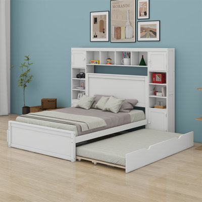 Lit en bois avec armoire tout-en-un, tablette, prises et lit gigogne