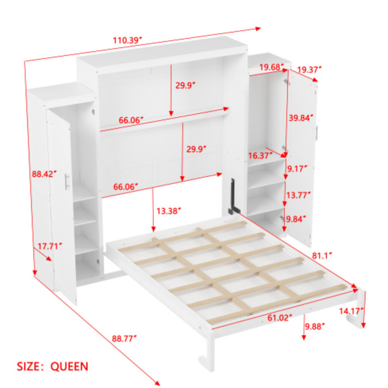 Murphy bed with 2 closets and storage shelves, multifunctional foldable platform bed frame