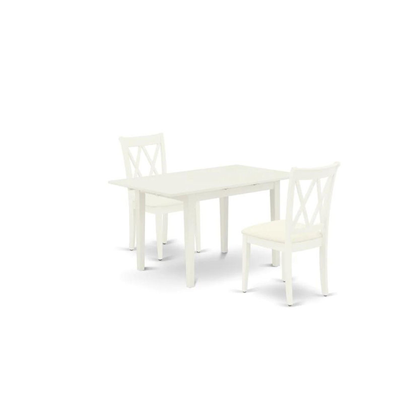L'ensemble de salle à manger 3 pièces contient une table de salle à manger rectangulaire avec rallonge papillon et 2 chaises de cuisine en lin, blanc lin