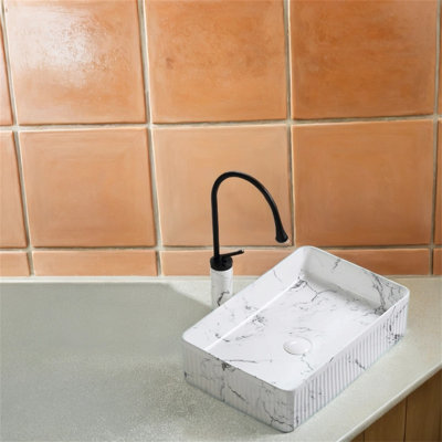 【20X14 Inch Black White Marble Oval Vessel Sink】– Above Counter Porcelain Ceramic Basin With Drain For Bathroom Vanity Lavatory