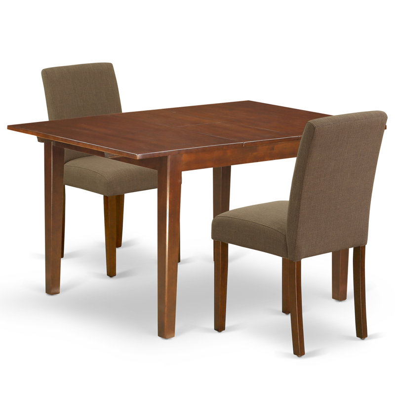 3 Piece Dinette Set for Small Spaces Contains a Rectangle Dining Table with Butterfly Leaf and 2 Coffee Linen Fabric Parson Chairs, Mahogany