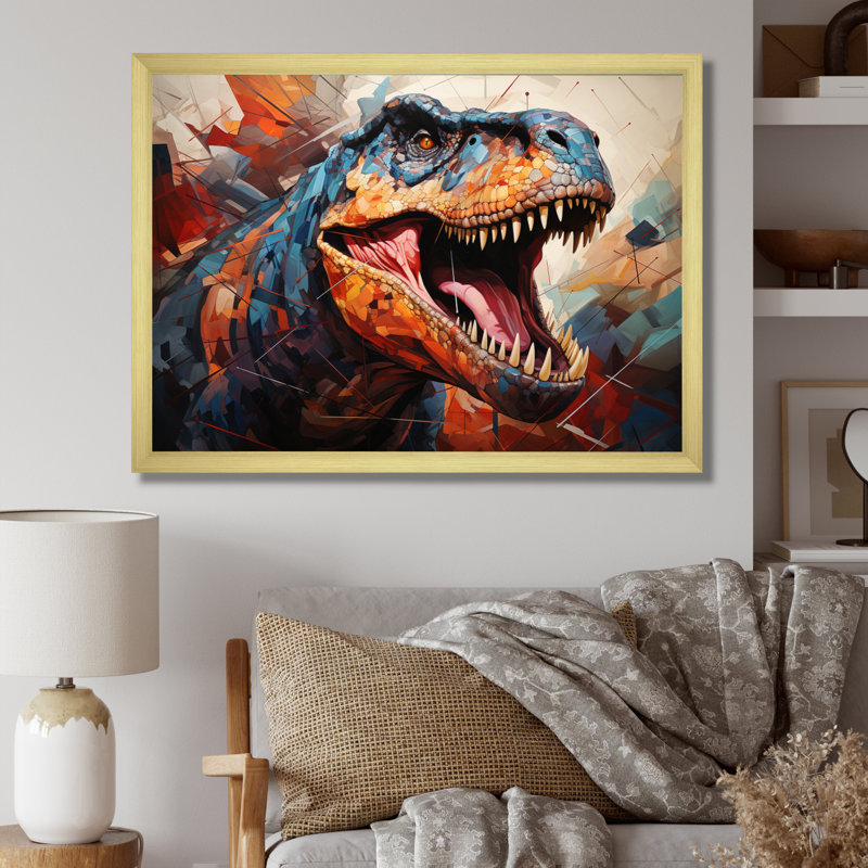 Dinosaure préhistorique héritage géométrique II - dinosaure, art mural, H 24 po x l 32 po x P 1 po, Cadre doré simple