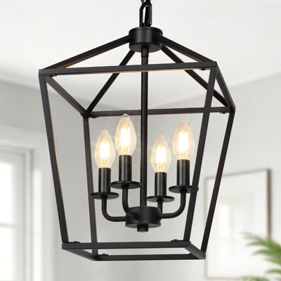 Luminaire de style lanterne noire à 4 lumières avec plafonnier industriel et cage en métal de style campagnard à hauteur réglable avec base E12 pour îlot de cuisine, entrée, intérieur