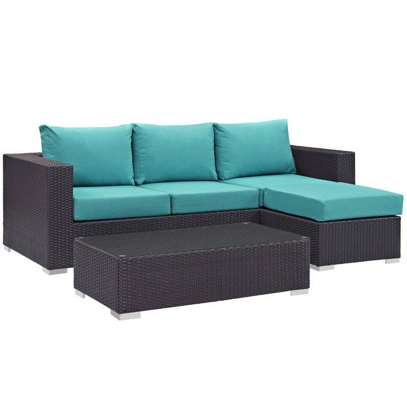 Convene 3 Piece Rattan Sectional Seating Group with Cushions, Turquoise