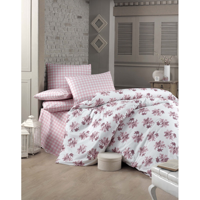 Ensemble de housse de couette 100% coton blanc / rose / brun Orsi, Housse de couette double + 2 taies d'oreiller stan