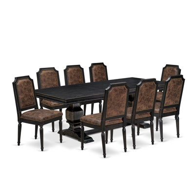 L'ensemble de table de salle à manger 9 pièces se compose d'une table de cuisine et de 8 chaises de salle à manger en similicuir brun texturé avec dossier noir