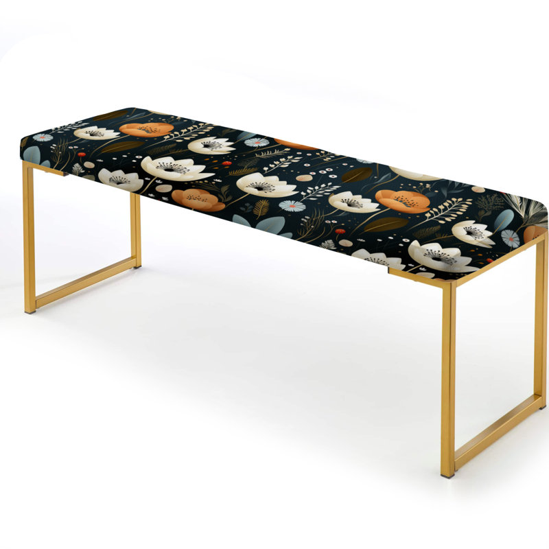 Floral Upholstered Gold Bench,  Whimsical Bohemian Bliss Floral Pattern III