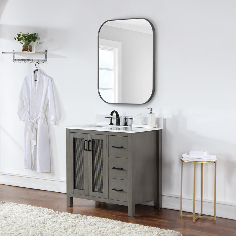 Trielle Rectangular Aluminum Framed Modern Bathroom Wall Mirror, Gunmetal, 29.5" x 36"