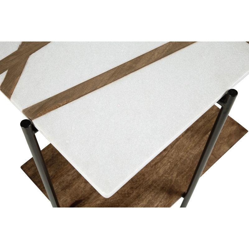 Table d'appoint Broy, plateau en marbre blanc de 22 pouces avec incrustation de bois, tablette inférieure