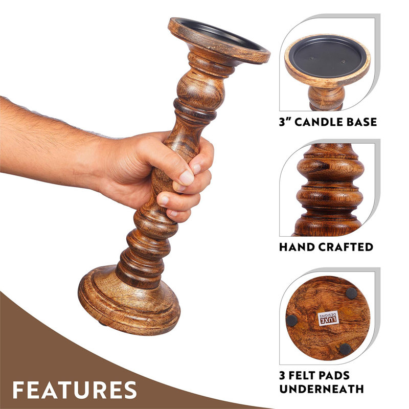 Handcrafted Natural Mango Wood 3-Piece Tabletop Candlestick Set