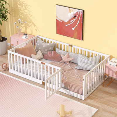 Twin Size Floor Bed with High Fence Railings, with Door, Rubber Wood Floor Bed with Safety Guardrails