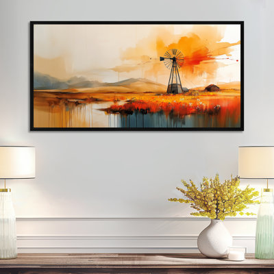 «Orange Beige Country Windmill in Wildflower Field», reproduction sur toile encadrée, art mural rétro grand