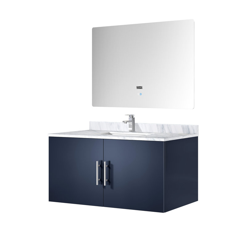36 po L x P 22 po. Meuble-lavabo bleu, comptoir en marbre, robinet, miroir à DEL - contre les taches et les dommages aux meubles de salle de bain
