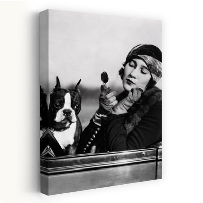 1920S Flapper In Convertible Powdering Her Cheek In Mirror With Boston Bulldog In Her Lap Retro Vintage Bulldog Dog Animal Portrait Art