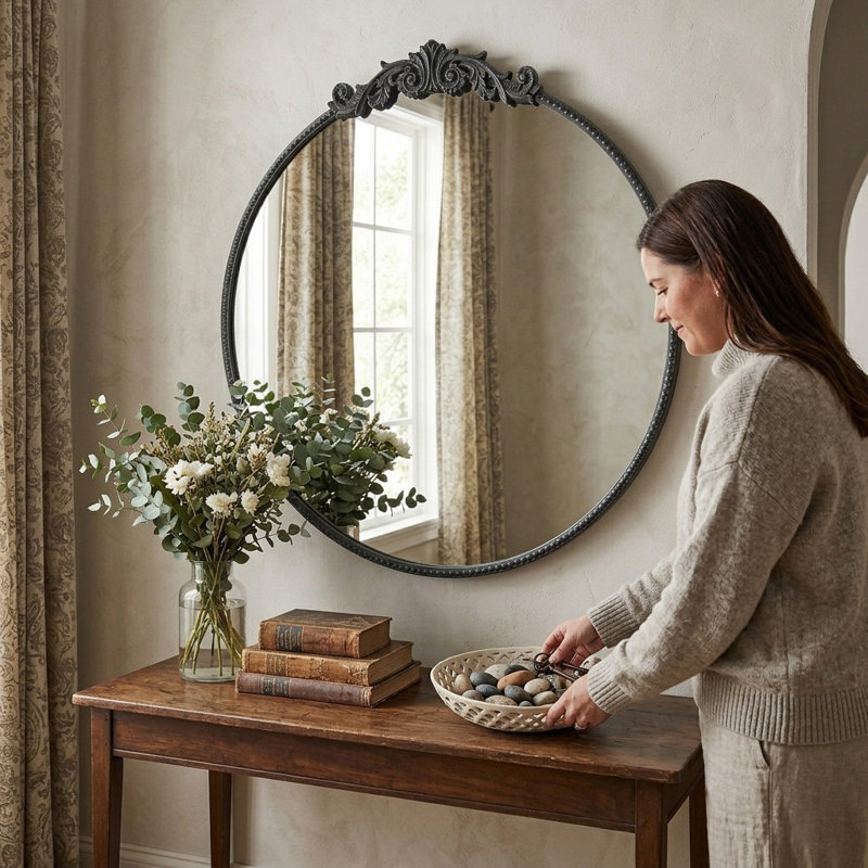 Miroir rond, miroir mural, miroir de salon, miroir de chambre à coucher, 38,5 po x 36 po, Doré