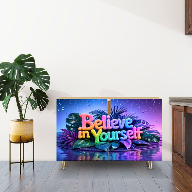 Buffet Buffet avec rangement Typographie colorée et motif de gouttes d'eau tropicales avec 2 portes pour le salon et la cuisine
