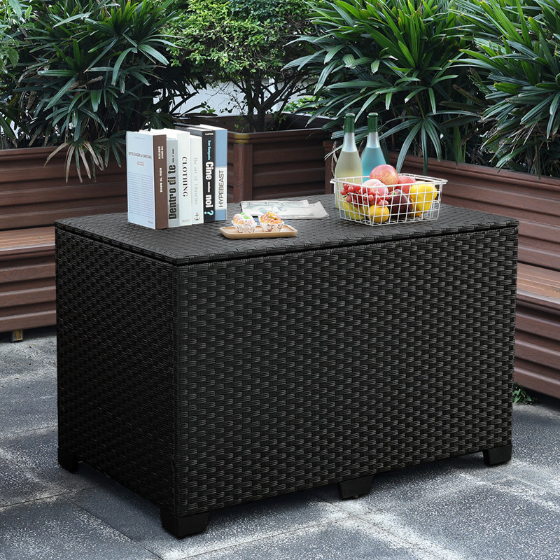 Rattaner Resistant Wicker Deck Box with Gas Spring Lid and Zippered Waterproof Inner Bag, Black, 29.7" H x 46.5" W x 28.3" D