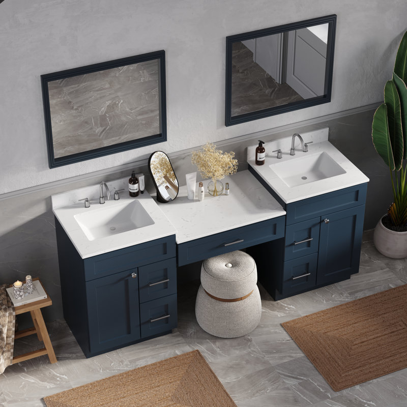 78'' Double Bathroom Vanity With Carrara Quartz Top, Blue