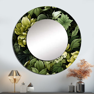 «Rhiner Tropical Green Jungle Damask» - grand miroir mural tropical, miroir rond rond tropical, impression d'art en métal