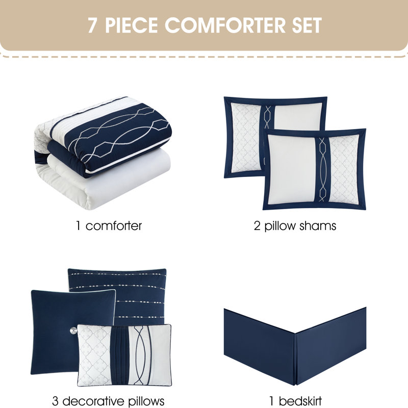 Ensemble d'édredon géométrique 7 pièces Penley, Grand édredon et 6 pièces supplémentaires, Bleu / blanc