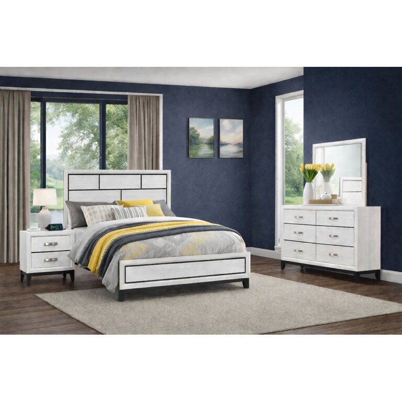 Modern Panel Bedroom Set in Chalk Finish, 4 Piece, Queen