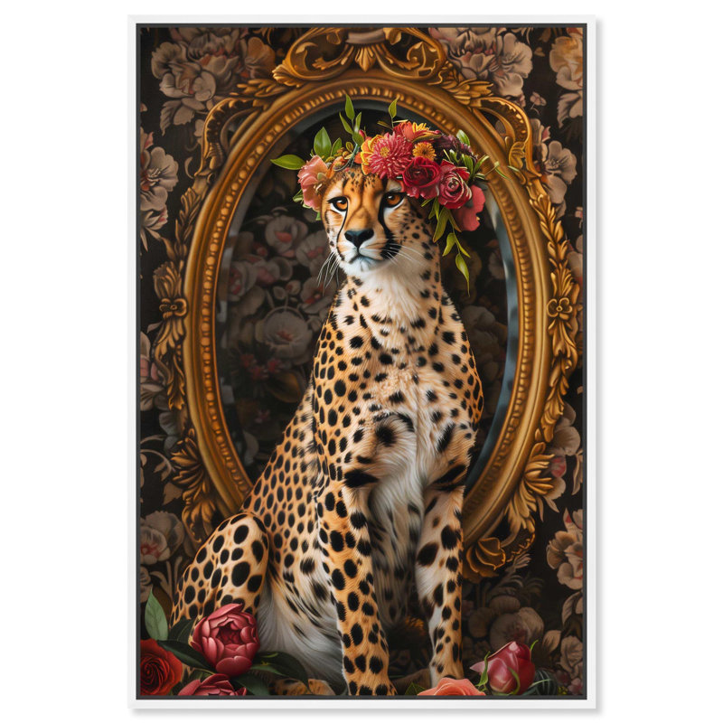 Art Remedy, art moderne sur toile, miroir guépard, Cadre flottant blanc, H 16 po x l 11 po