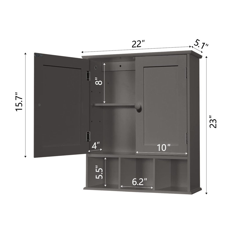Minimalist style bathroom wall cabinet with 2 doors and adjustable shelves, Gray