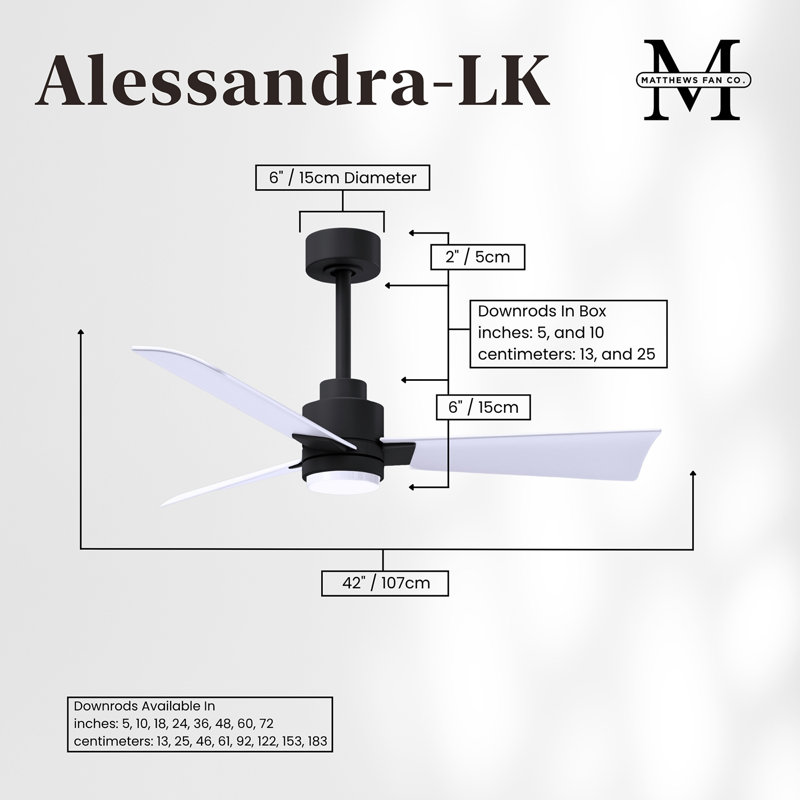 Alessandra - Three Blade Transitional Ceiling Fan -LED, Matte Black, 42", Matte White
