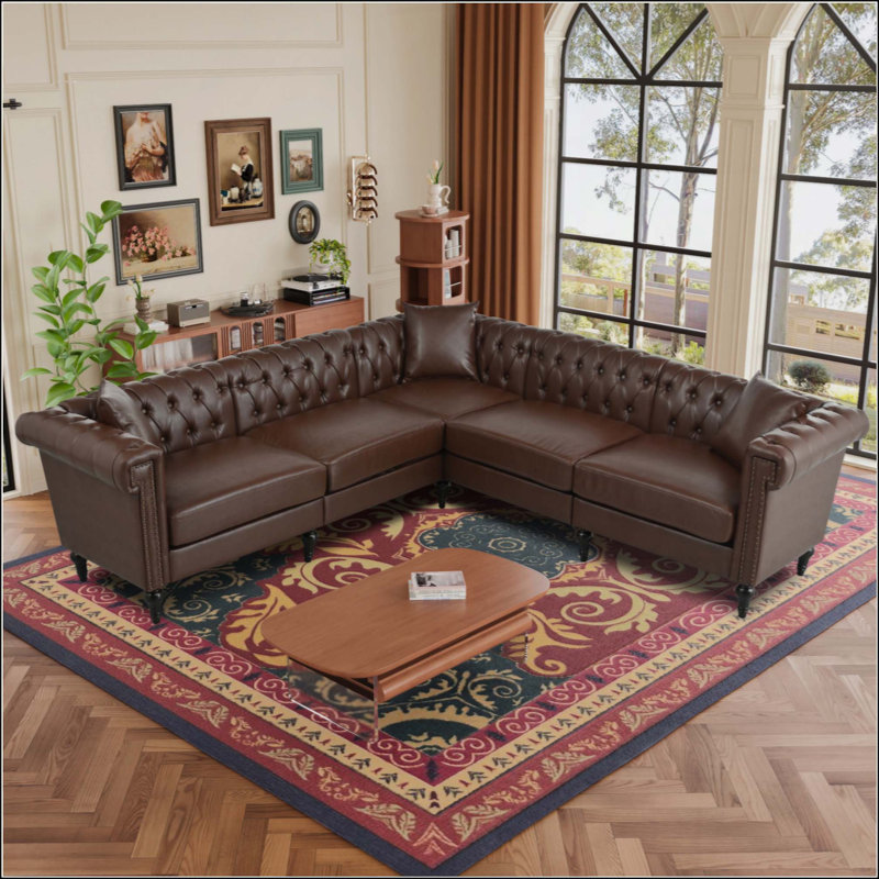 Canapé modulaire pour salon, canapé Chesterfield moderne réversible en forme de L avec accoudoirs roulés et têtes de clou, canapé capitonné à 5 places pour petits ou grands espaces, similicuir