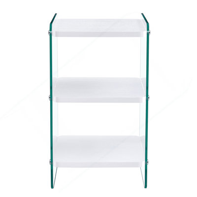 Trois niveaux de tables de chevet. La surface du panneau est en panneau de fibres à densité moyenne avec des autocollants blancs et les deux côtés sont en verre trempé transparent. La conception est simple et généreuse, avec une fonction de rangeme
