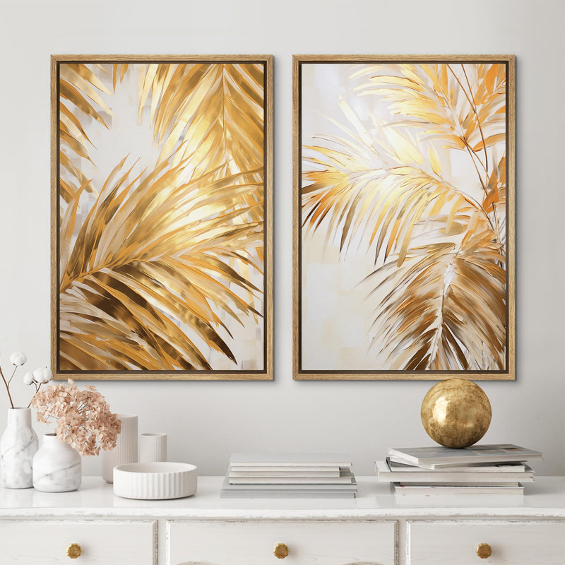 Ensemble de 2 pièces de feuilles de palmier brun doré, art floral, botanique, art moderne et abstrait, décor de chambre à coucher encadré sur toile