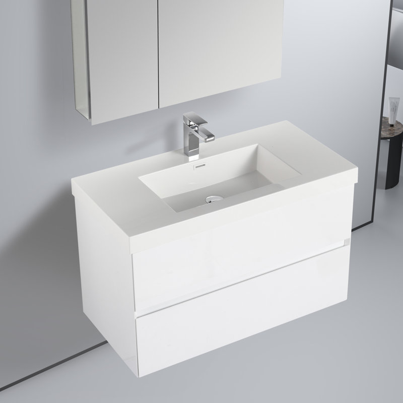 Meuble-lavabo flottant 36 po avec lavabo mural Annedoris, Blanc