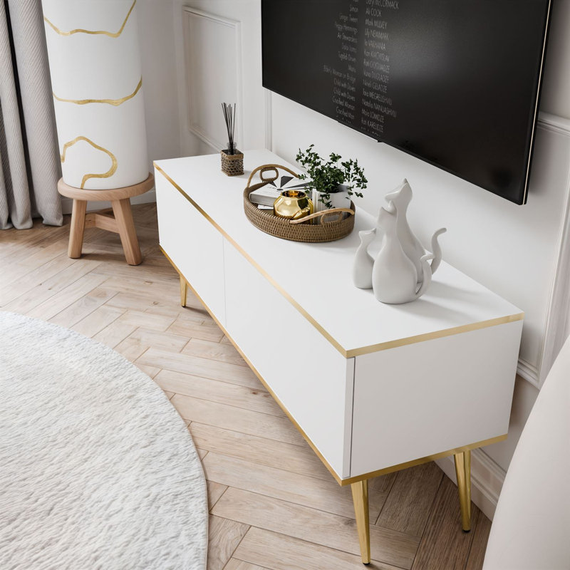 OXFORD III TV Stand with Golden Legs, White, 53cm H x 135cm L x 32cm W