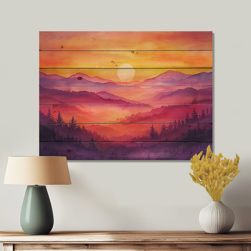 Coucher de soleil sur fond de pin, H 34 po x l 44 po