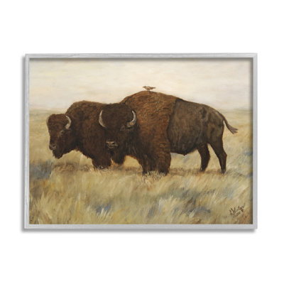 «Bird on Bison», scène champêtre encadrée sur bois par Kathy Winkler, peinture