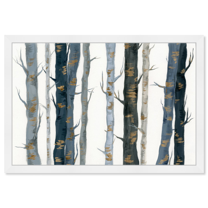 Paysage bleu et blanc et arbres de la nature - peinture encadrée, H 18 po x l 26 po, Cadre blanc
