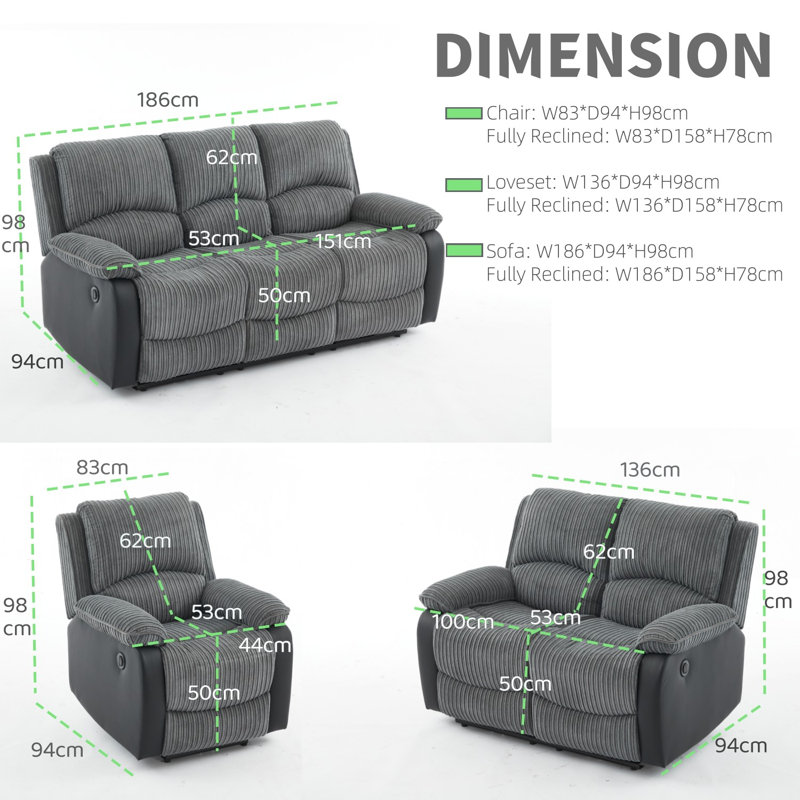 Reclining Sofa Sectional Recliner Plush Corduroy Couches Set Sofa, Power - Push Button
