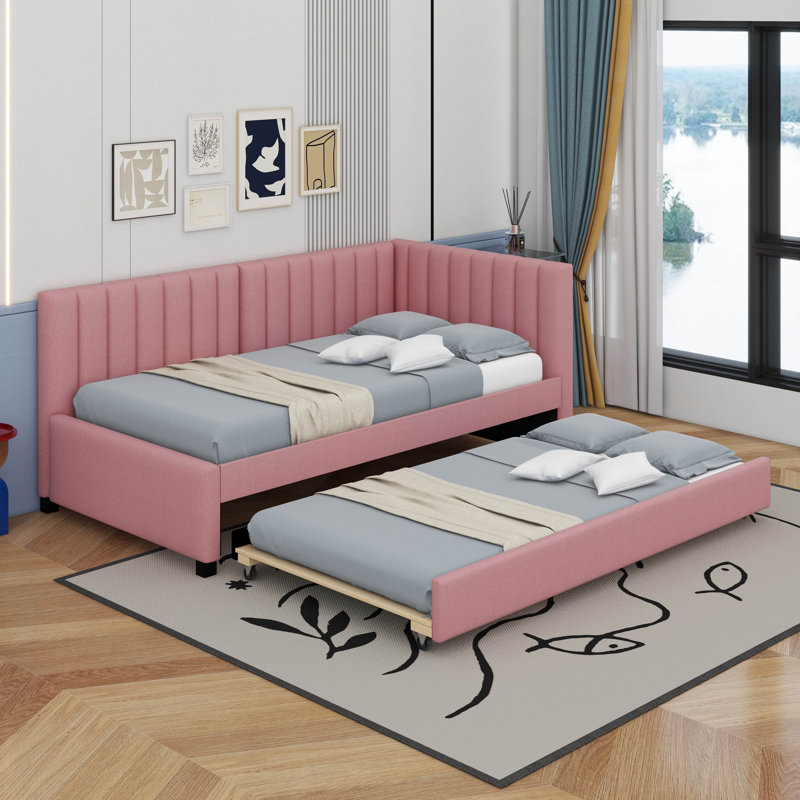 Twin Size Sofa Bed Upholstered Daybed With Trundle, Pink