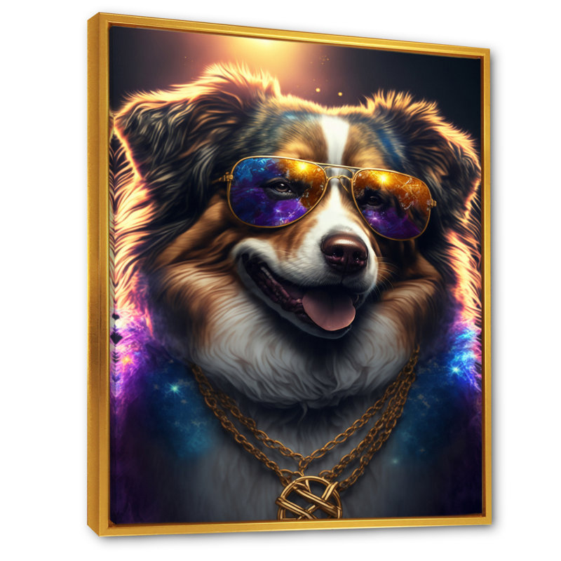 «Australian Shepherd Gangster in NYC», impression sur toile, H 32 po x l 16 po x P 1 po, Toile avec cadre flottant or