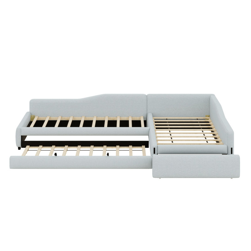 Upholstered Double Daybed With Trundle And Drawer, Beige